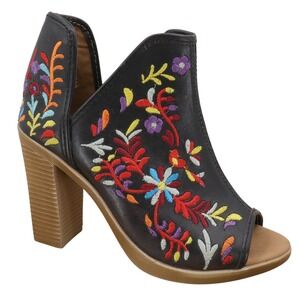 Womens Vintage Mexican Black Embroidered Peep Toe Booties Chunky Heel Size 7
